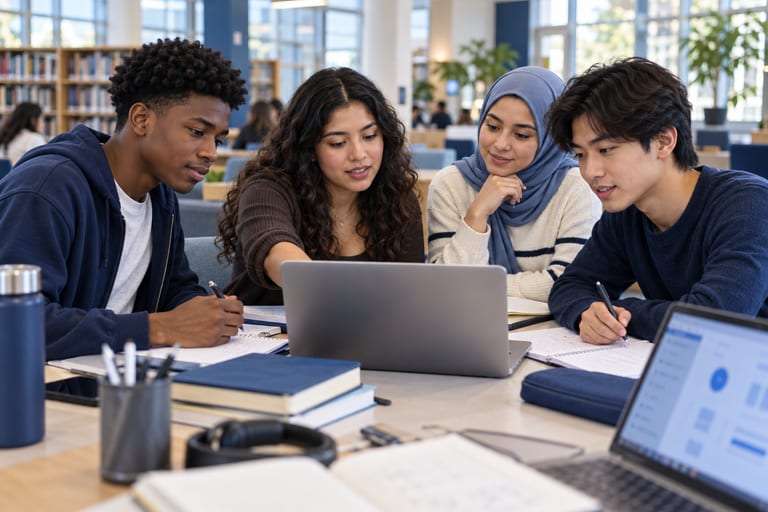 Illustrative older students learning together with laptops