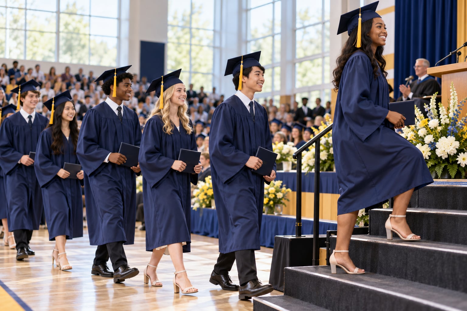 Illustrative high school graduates from diverse backgrounds walking toward the stage