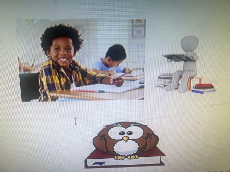 Earlier learning materials image with children at a desk and an owl illustration