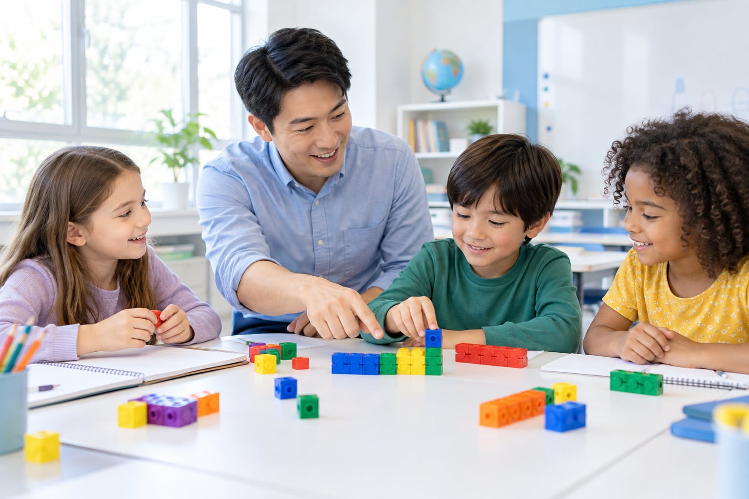 Illustrative scene of a male teacher helping young children learn mathematics