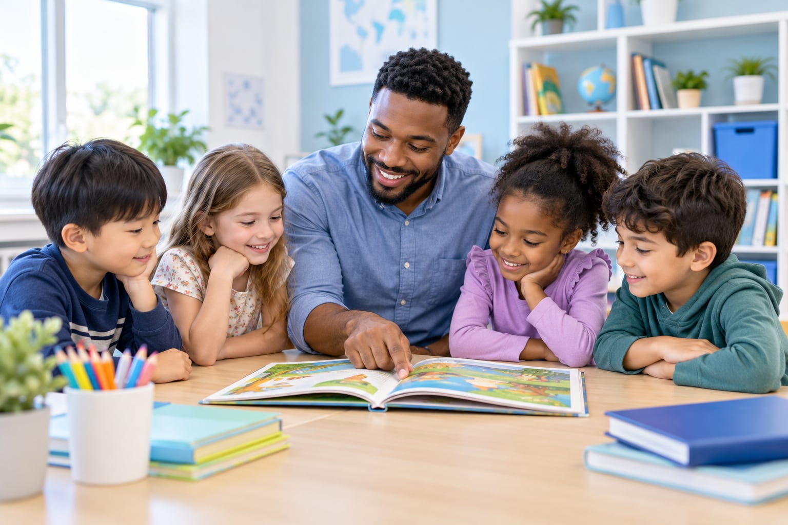 Illustrative male teacher helping younger students read together