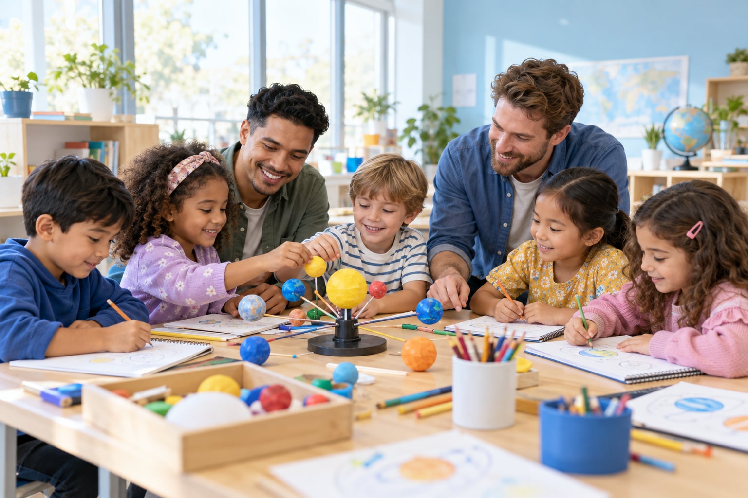 Illustrative scene of male teachers and young students learning together in a bright classroom