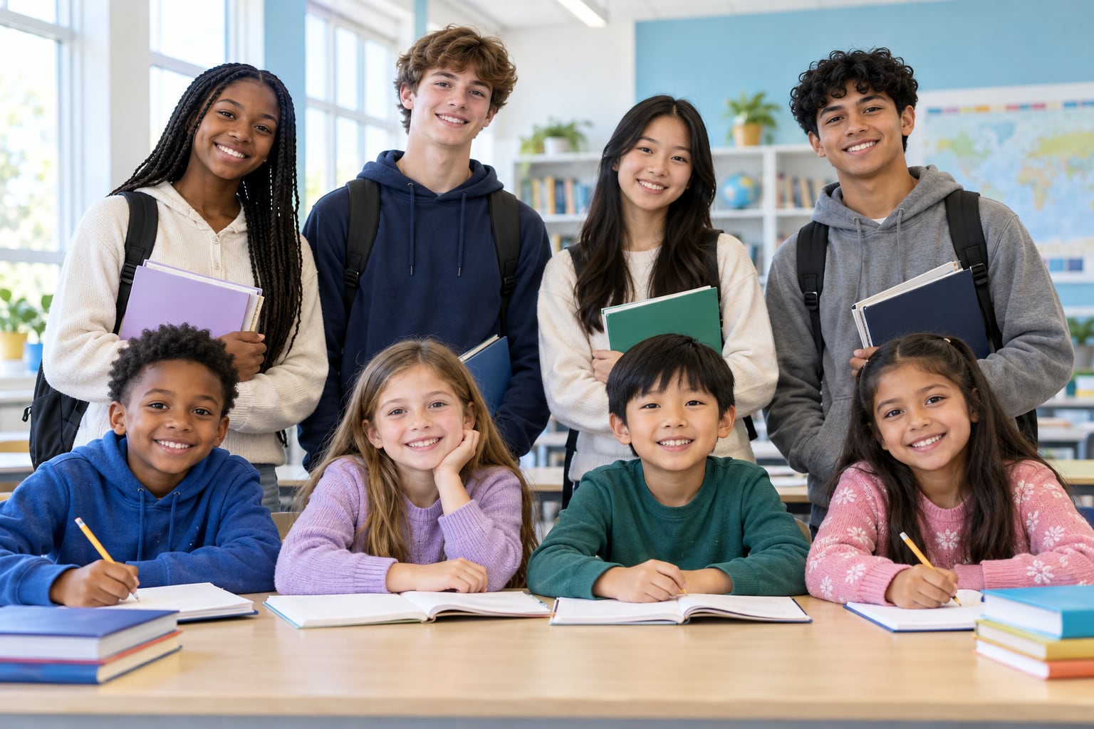 Illustrative group with high school students standing behind younger elementary students