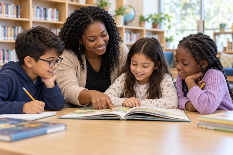 Illustrative scene of a teacher helping younger students build reading skills