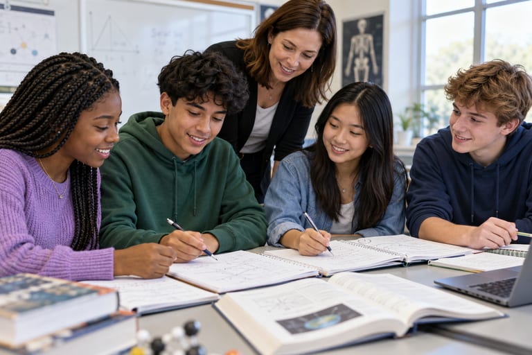 Illustrative group of students working on science skills