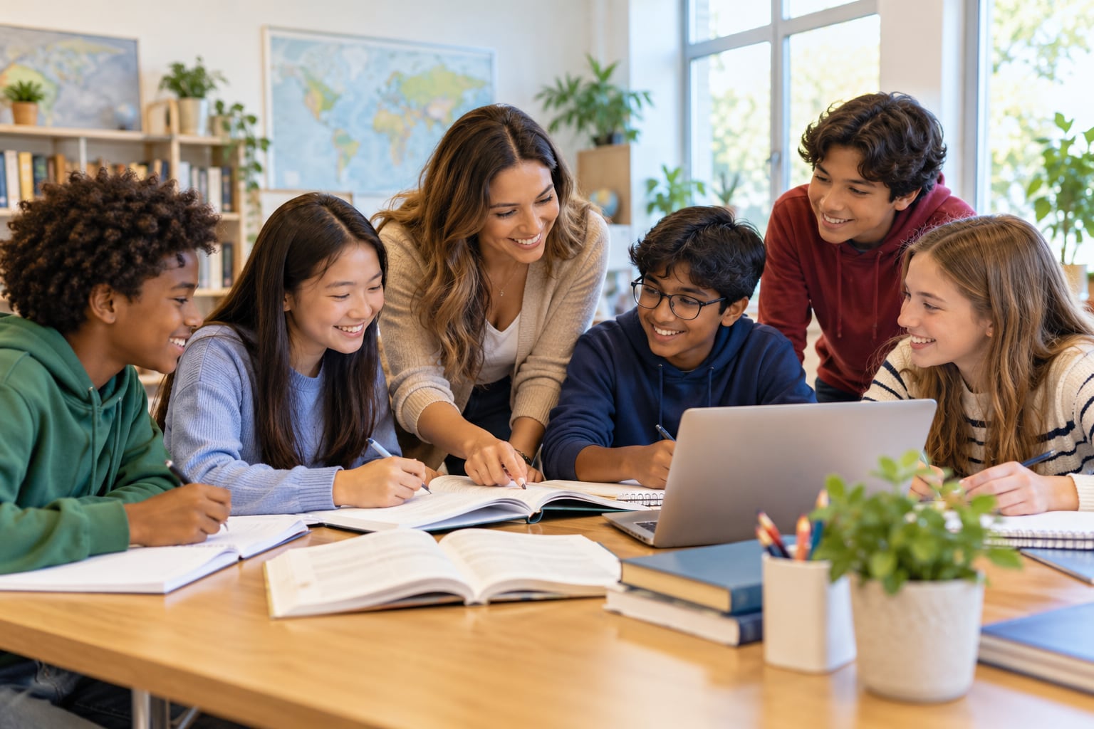 Illustrative scene of a diverse group of younger students and teens learning with a tutor