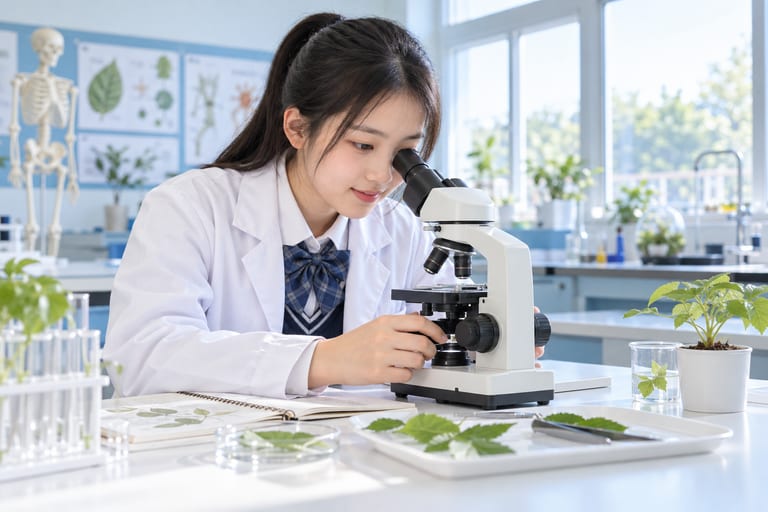 Illustrative student exploring biology with a microscope