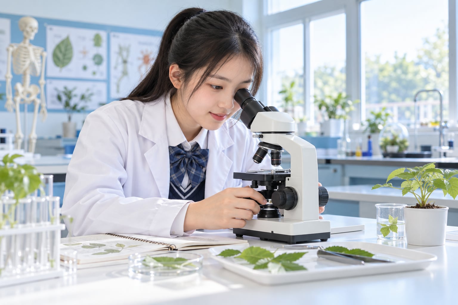 Illustrative scene of a high school student exploring biology with a microscope and plants