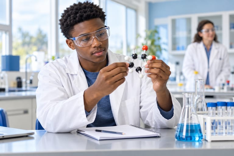 Illustrative student studying chemistry with a molecular model