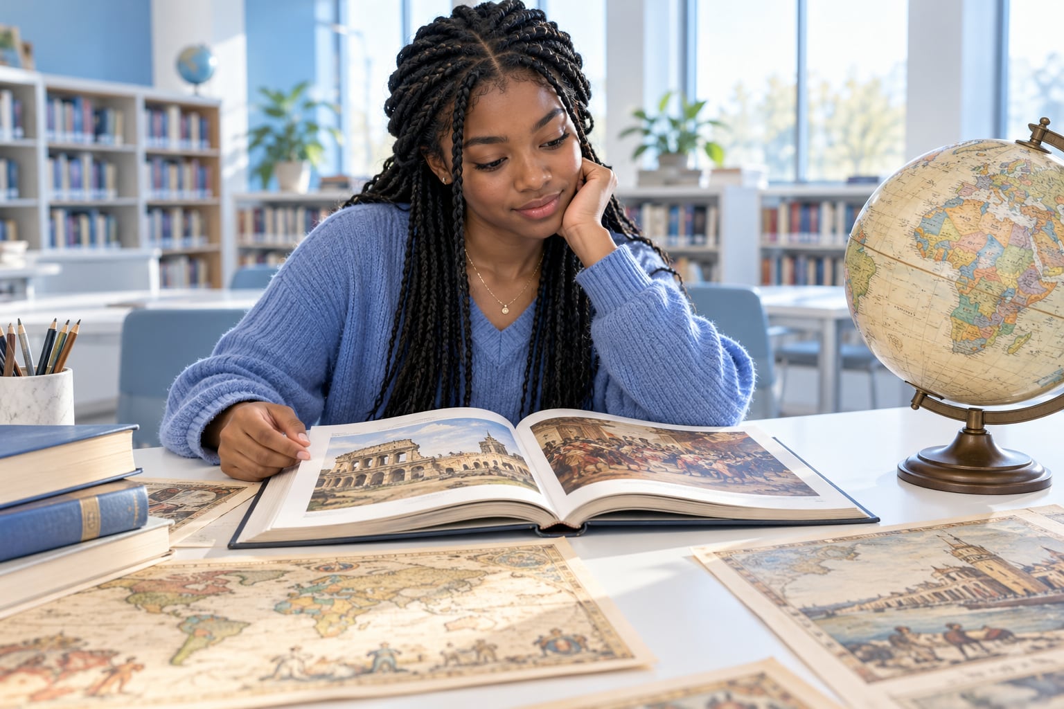 Illustrative scene of a high school student studying history with books, a globe and maps