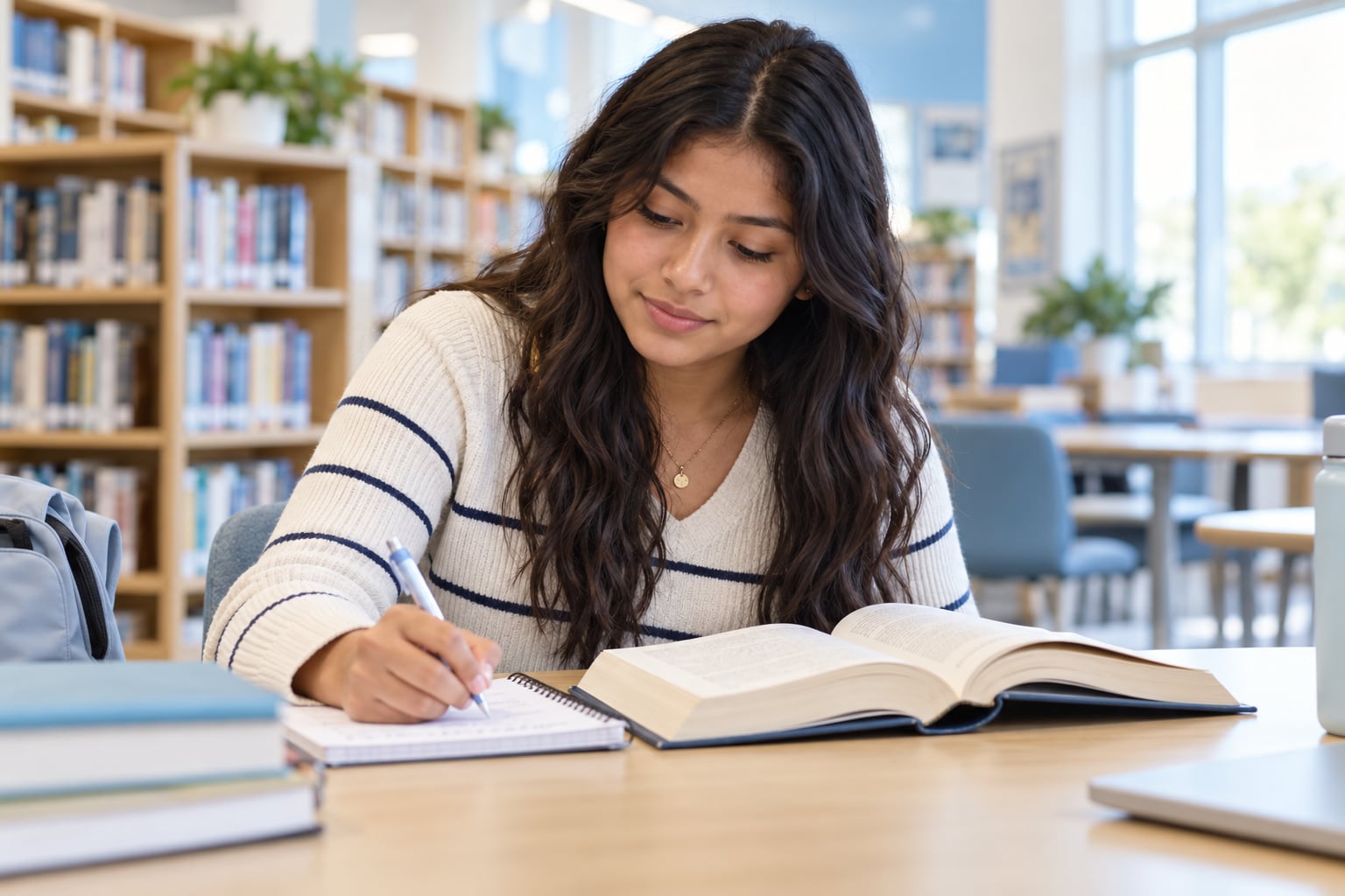 Illustrative scene of a high school student reading literature and taking notes